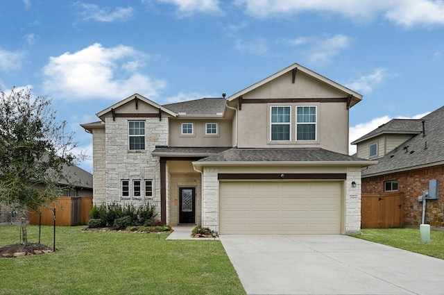 2509 Ocean Key Dr, Texas City, TX 77568 - view of front of house featuring stone siding, driveway, an attached garage, stucco siding, and roof with shingles