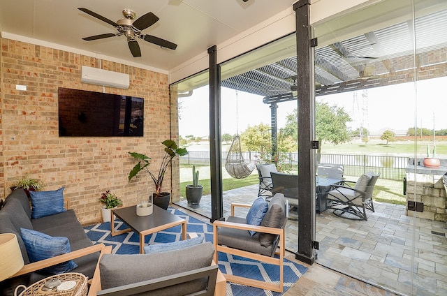 view of patio / terrace with a pergola, an AC wall unit, and ceiling fan