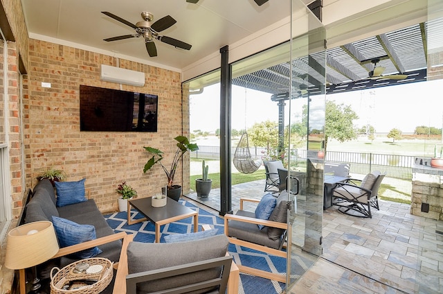 view of patio / terrace featuring ceiling fan, a wall mounted air conditioner, and a pergola