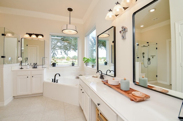 bathroom with ornamental molding, separate shower and tub, tile patterned floors, and vanity