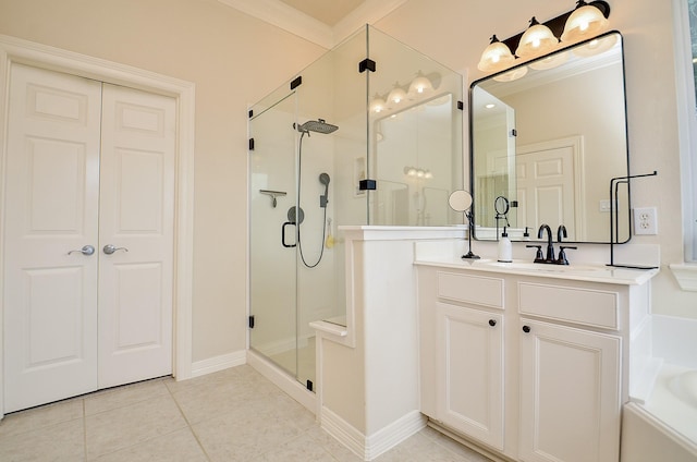 bathroom featuring vanity, separate shower and tub, tile patterned floors, and crown molding