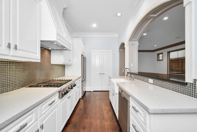 kitchen featuring custom exhaust hood, white cabinetry, appliances with stainless steel finishes, and sink