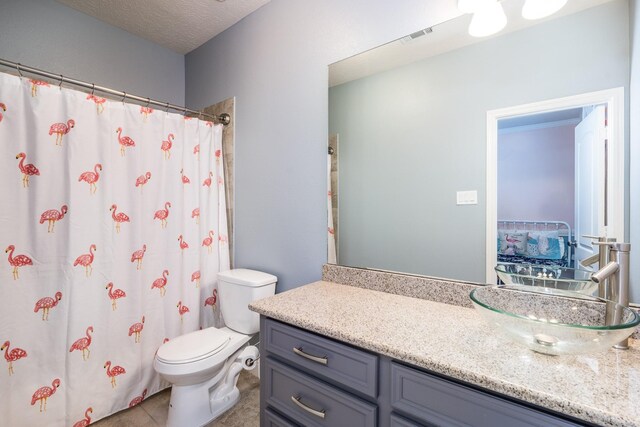 bathroom with vanity, toilet, and a textured ceiling