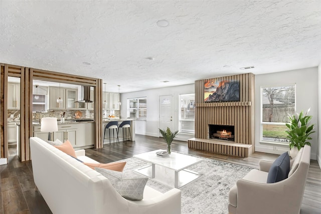 living room with dark hardwood / wood-style flooring, a fireplace, and a textured ceiling