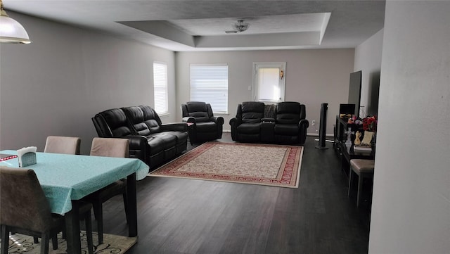 living room with dark wood-style floors and a raised ceiling