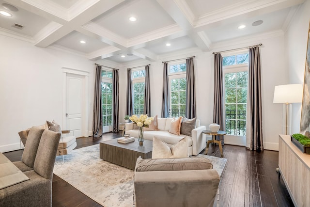 interior space with dark hardwood / wood-style flooring, crown molding, coffered ceiling, and beamed ceiling