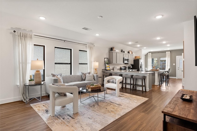 living room with sink and dark hardwood / wood-style flooring