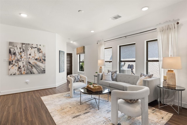 living room featuring lofted ceiling and hardwood / wood-style floors