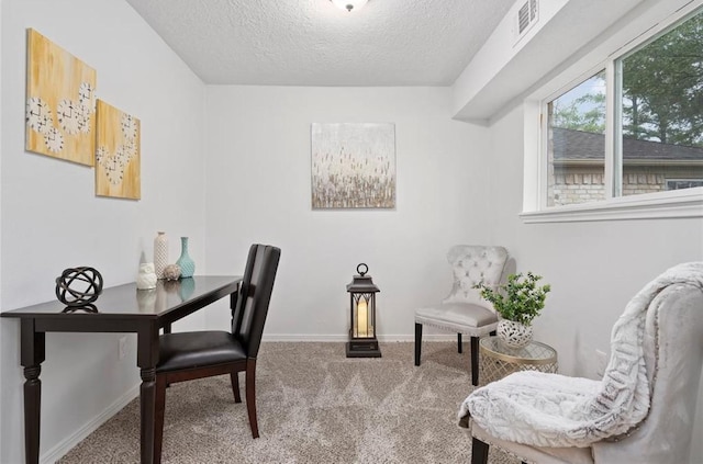 carpeted home office featuring a textured ceiling