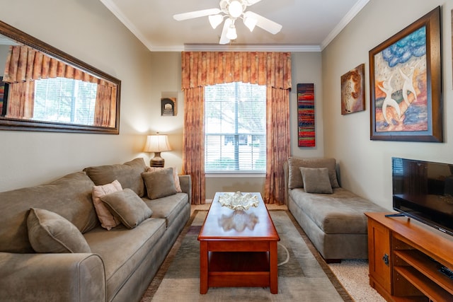 living room with crown molding and ceiling fan