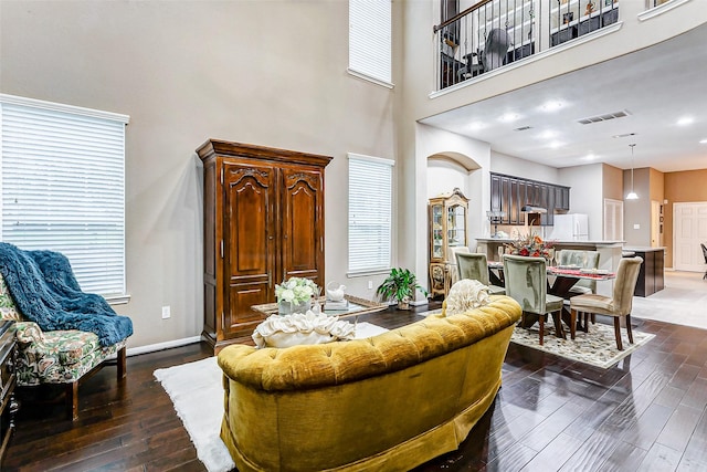 living room featuring dark hardwood / wood-style floors and a high ceiling