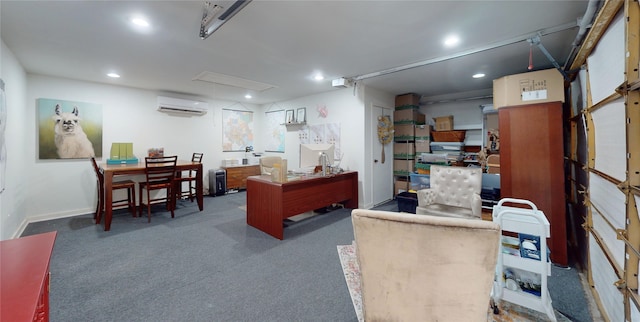 carpeted home office with a wall mounted air conditioner