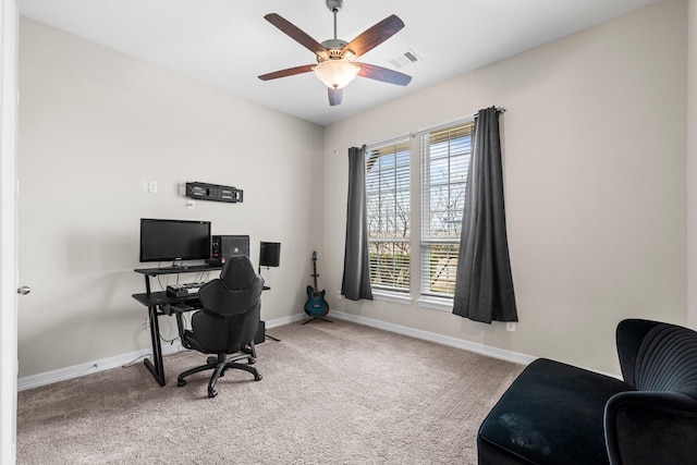 office area featuring carpet flooring and ceiling fan