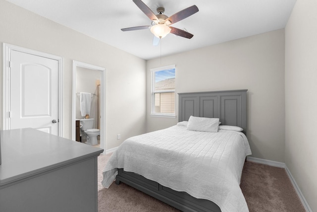 carpeted bedroom featuring ceiling fan and connected bathroom