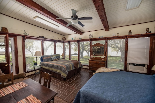 bedroom featuring vaulted ceiling with beams and cooling unit