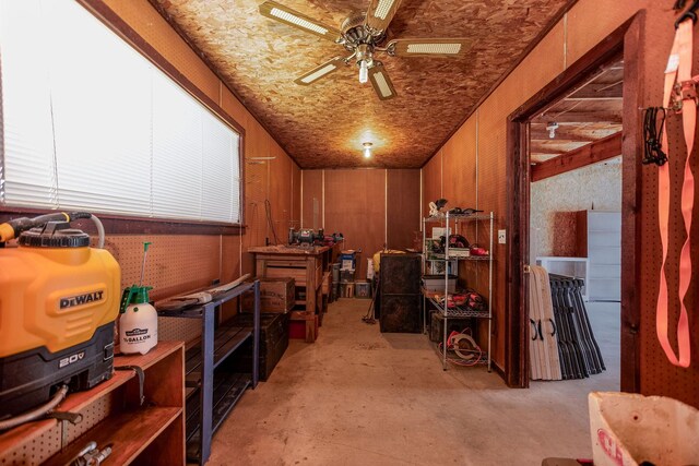 storage area featuring ceiling fan