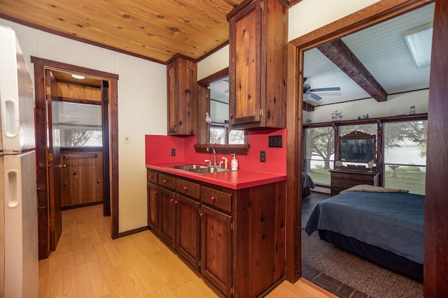 kitchen with sink, light hardwood / wood-style flooring, ceiling fan, white fridge with ice dispenser, and wooden ceiling