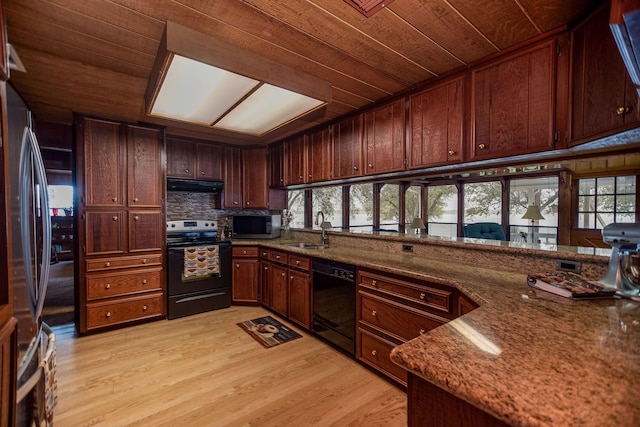 kitchen featuring stone counters, appliances with stainless steel finishes, sink, wood ceiling, and light hardwood / wood-style flooring