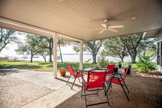 view of patio featuring a water view and ceiling fan