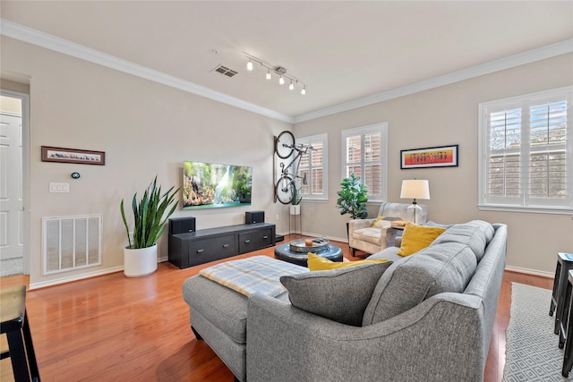 living room with wood-type flooring, plenty of natural light, and ornamental molding