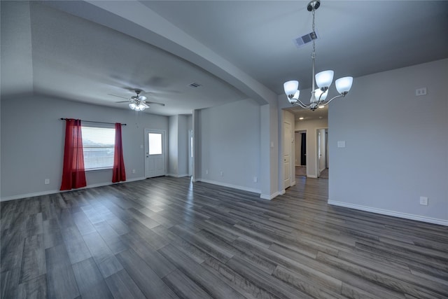 interior space featuring ceiling fan with notable chandelier and wood-type flooring