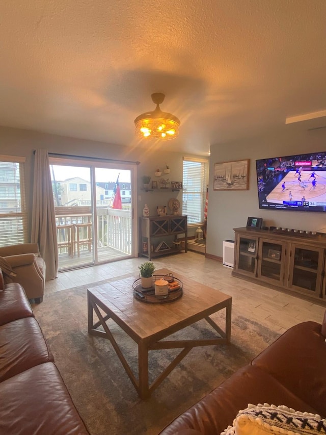 living room featuring a textured ceiling