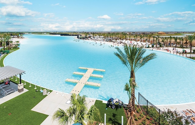 aerial view featuring a water view