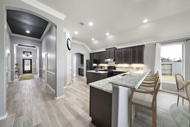 kitchen with light stone counters, dark brown cabinets, light hardwood / wood-style floors, and a breakfast bar area