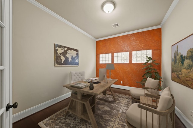 office space featuring ornamental molding and dark hardwood / wood-style floors