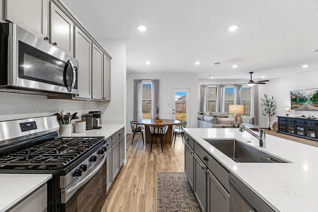 kitchen featuring sink, appliances with stainless steel finishes, gray cabinetry, a wealth of natural light, and light wood-type flooring