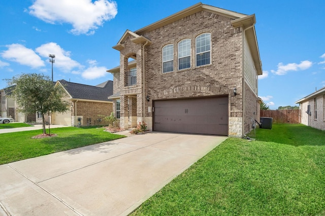 front facade with cooling unit, a garage, and a front lawn