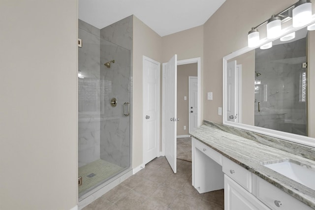 bathroom featuring walk in shower, tile patterned floors, and vanity