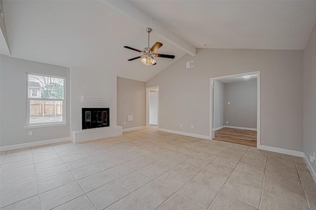 unfurnished living room with ceiling fan, light tile patterned floors, a brick fireplace, and vaulted ceiling with beams