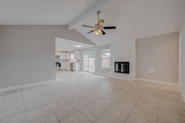 unfurnished living room featuring light tile patterned flooring, a brick fireplace, vaulted ceiling with beams, and ceiling fan