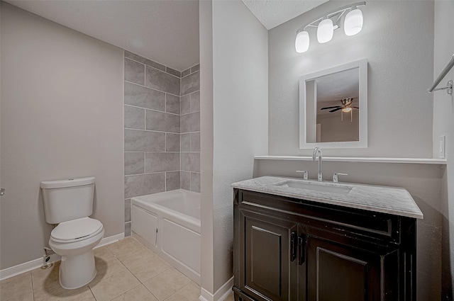 full bathroom featuring toilet, vanity, ceiling fan, shower / bath combination, and tile patterned flooring