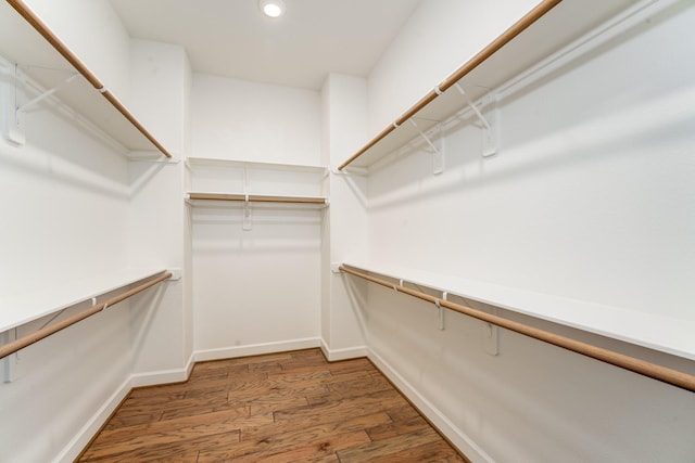 walk in closet with dark wood-type flooring