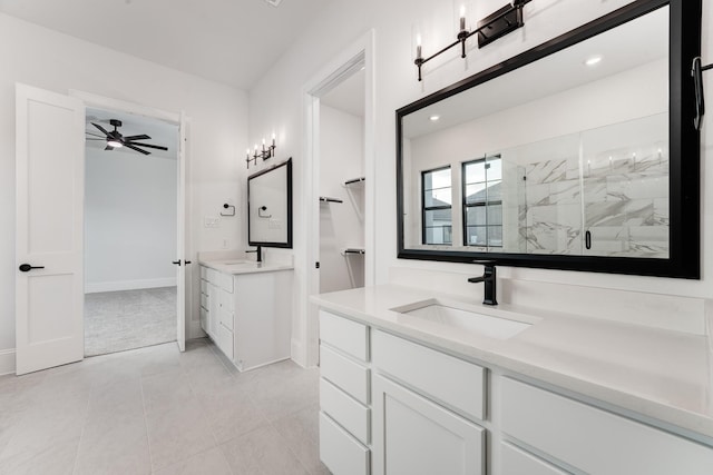 bathroom with vanity, tile patterned floors, an enclosed shower, and ceiling fan