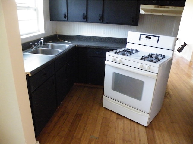 kitchen with sink, dark hardwood / wood-style floors, and white gas stove