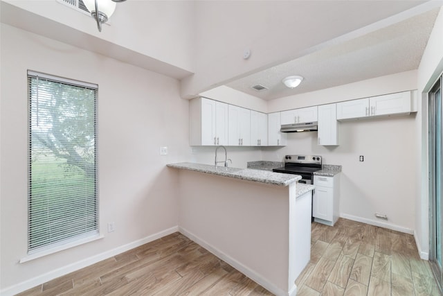 kitchen featuring stainless steel range with electric stovetop, white cabinetry, light stone counters, light hardwood / wood-style floors, and kitchen peninsula