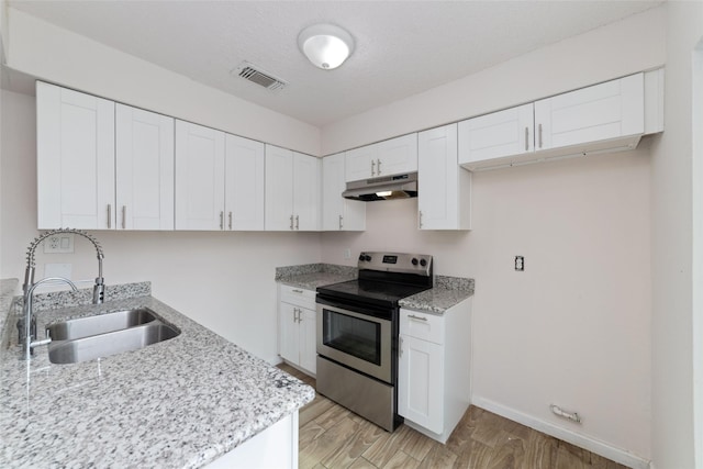 kitchen featuring sink, stainless steel electric stove, white cabinets, and light wood-type flooring