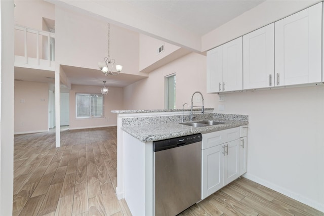 kitchen with sink, white cabinetry, light hardwood / wood-style floors, decorative light fixtures, and stainless steel dishwasher