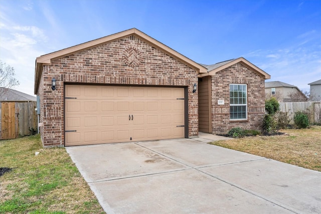 ranch-style house featuring a garage and a front lawn