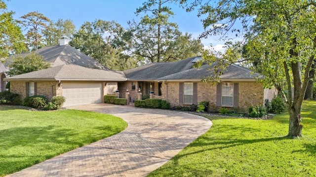 ranch-style house with a garage and a front yard