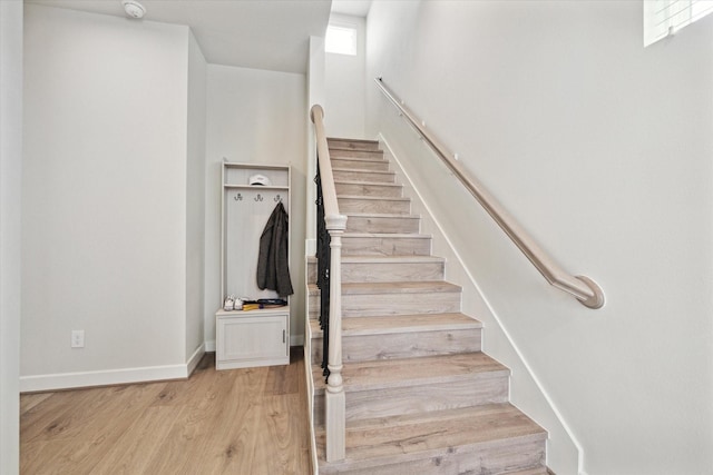 stairway with hardwood / wood-style floors