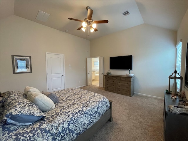 carpeted bedroom featuring vaulted ceiling and ceiling fan