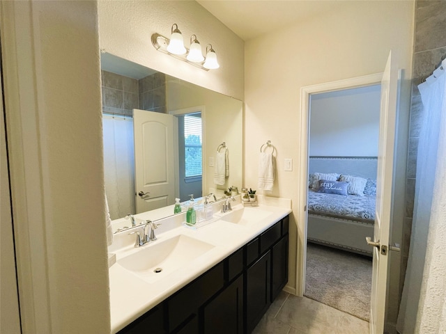 bathroom featuring tile patterned floors, vanity, and a shower with shower curtain