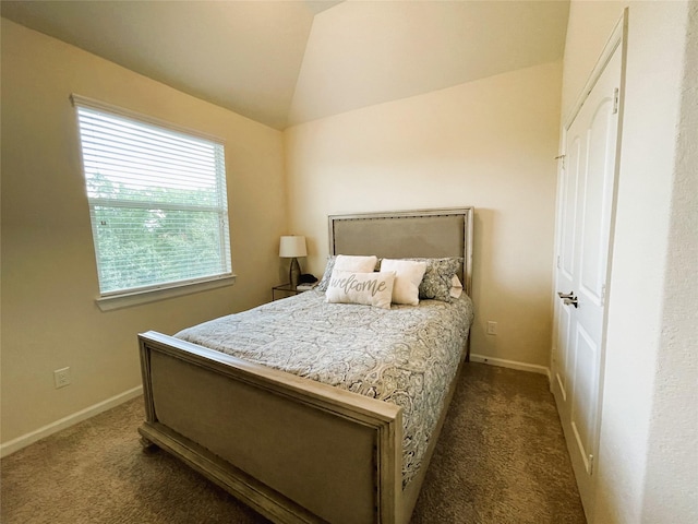 bedroom featuring vaulted ceiling and dark carpet