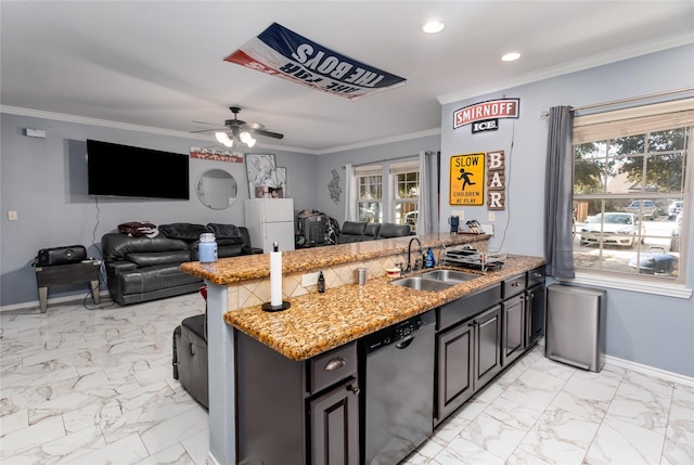 kitchen with sink, crown molding, kitchen peninsula, and dishwasher