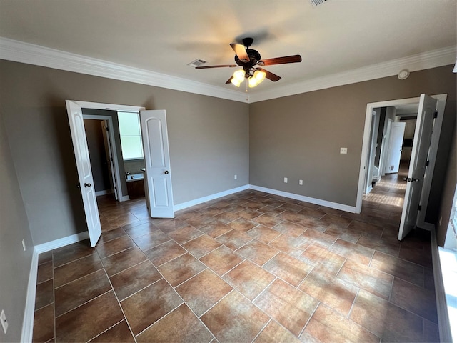 unfurnished bedroom featuring ornamental molding and ceiling fan