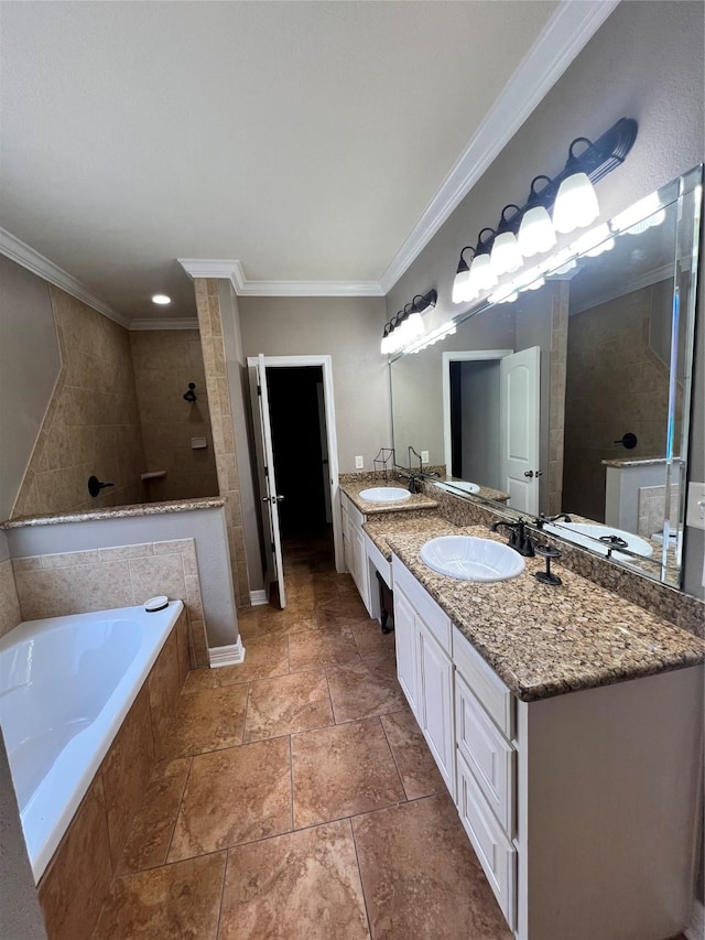 bathroom with crown molding, vanity, and independent shower and bath